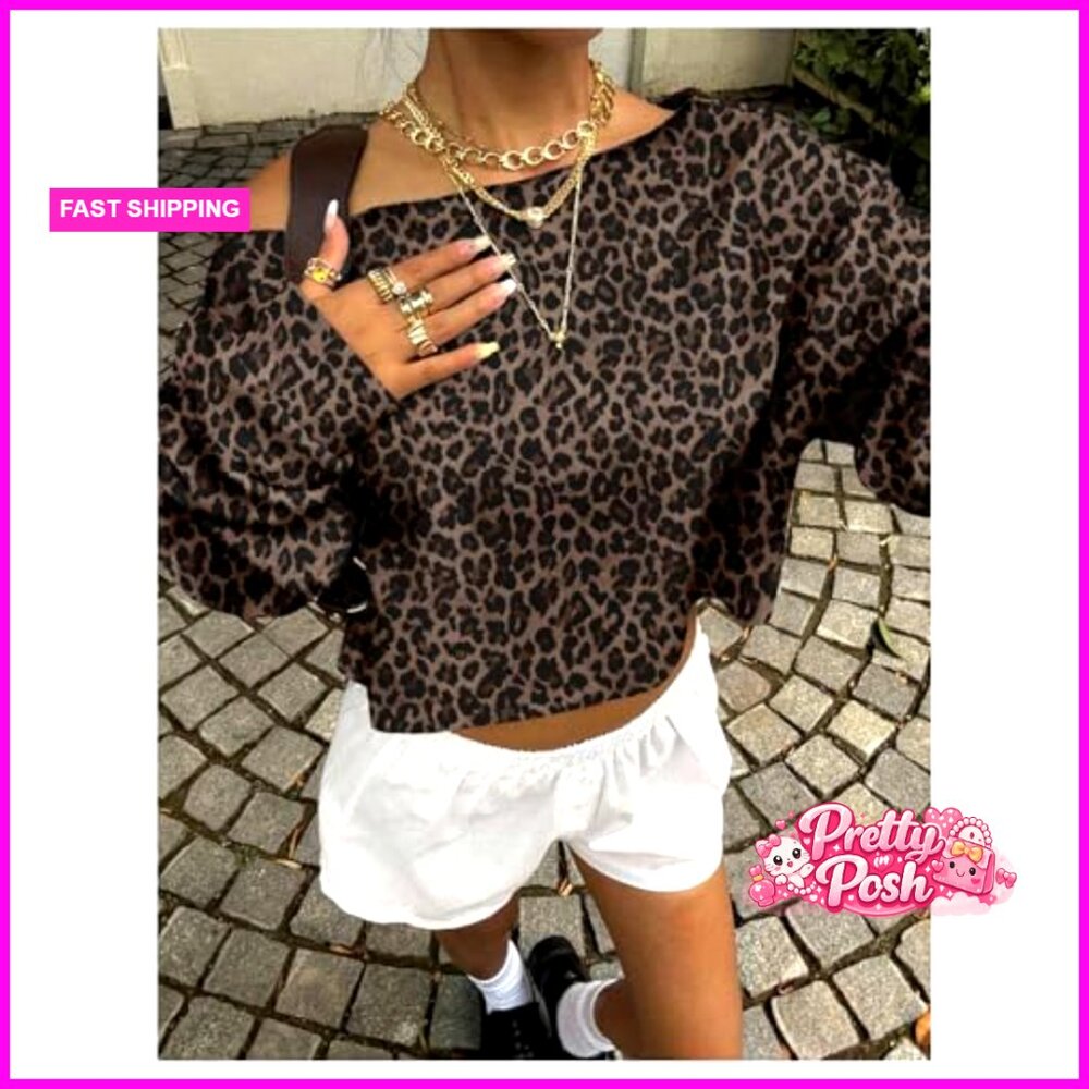Off Shoulder Cropped Sweatshirt Pullover Cheetah … - image 4